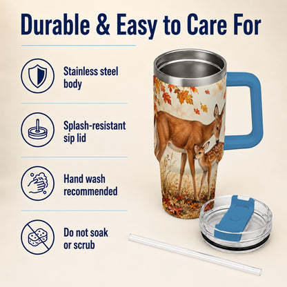 #pl[40oz|Blue] Autumn Deer 40oz Tumbler with Handle, Doe Fawn Woodland Travel Cup