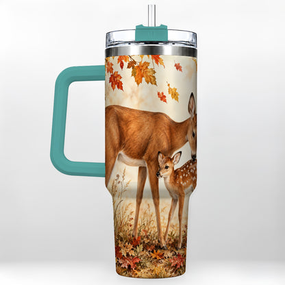 #pl[40oz|Green] Autumn Deer 40oz Tumbler with Handle, Doe Fawn Woodland Travel Cup