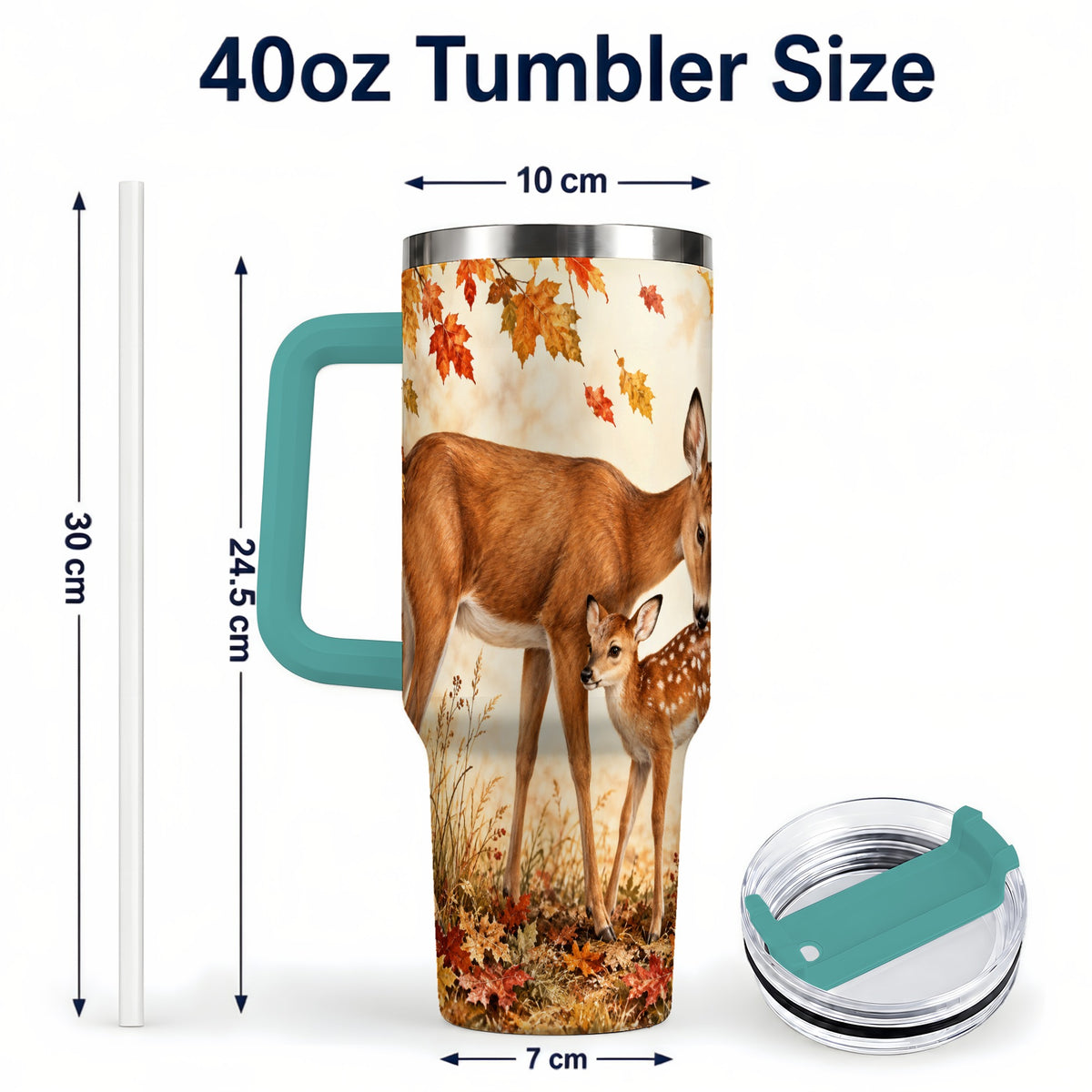 #pl[40oz|Green] Autumn Deer 40oz Tumbler with Handle, Doe Fawn Woodland Travel Cup
