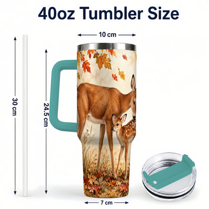 #pl[40oz|Green] Autumn Deer 40oz Tumbler with Handle, Doe Fawn Woodland Travel Cup