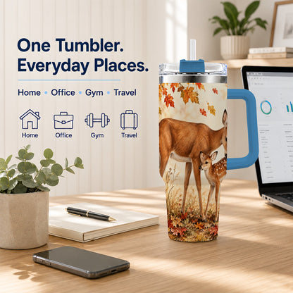 #pl[40oz|Blue] Autumn Deer 40oz Tumbler with Handle, Doe Fawn Woodland Travel Cup