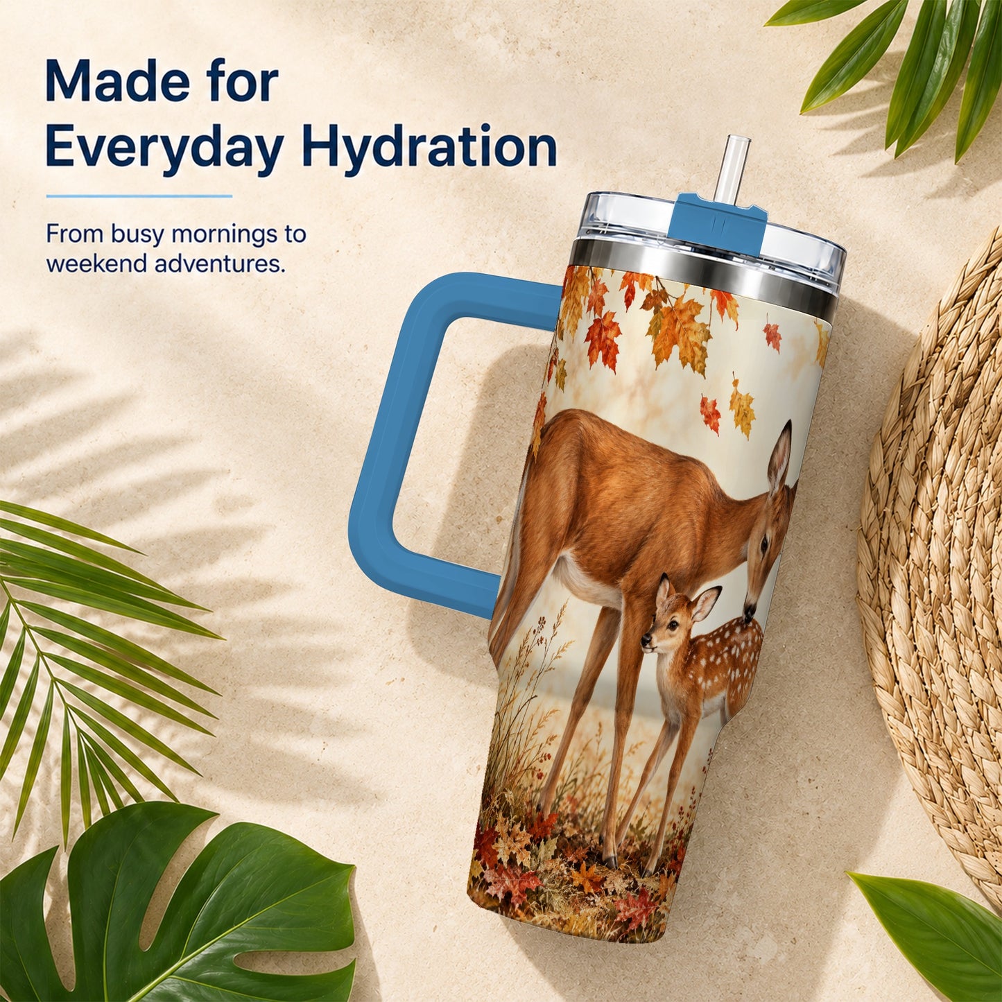 #pl[40oz|Blue] Autumn Deer 40oz Tumbler with Handle, Doe Fawn Woodland Travel Cup