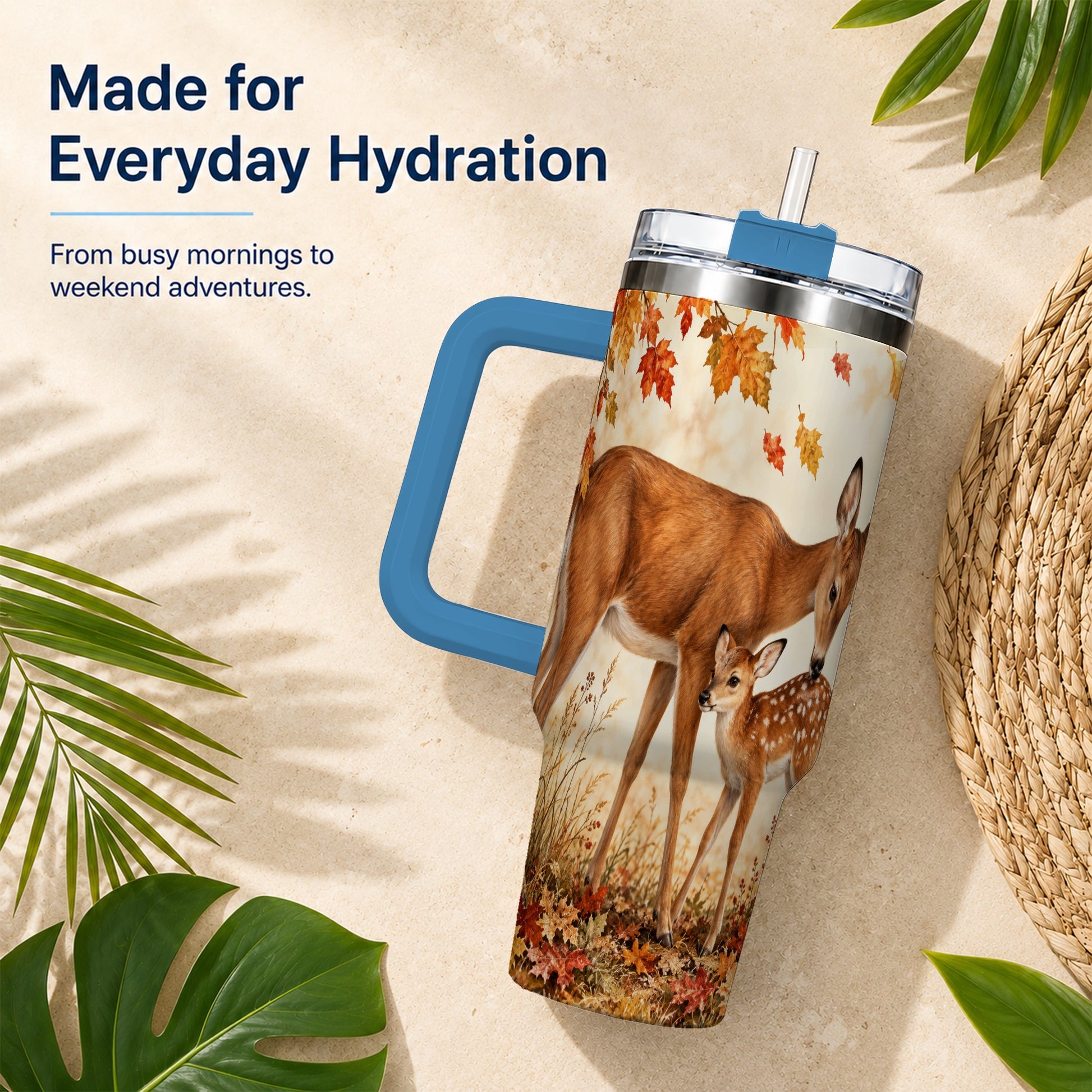 #pl[40oz|Blue] Autumn Deer 40oz Tumbler with Handle, Doe Fawn Woodland Travel Cup