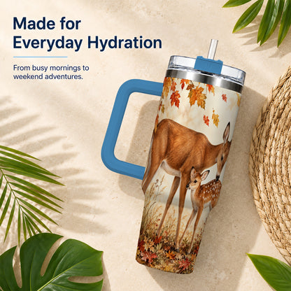 #pl[40oz|Blue] Autumn Deer 40oz Tumbler with Handle, Doe Fawn Woodland Travel Cup
