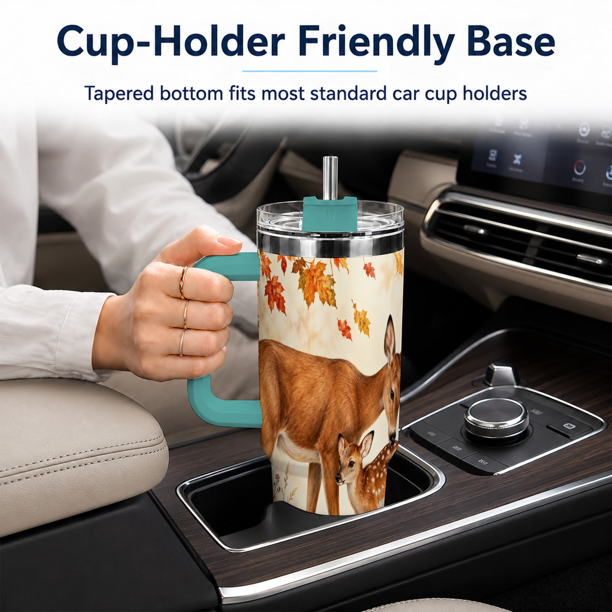 #pl[40oz|Green] Autumn Deer 40oz Tumbler with Handle, Doe Fawn Woodland Travel Cup