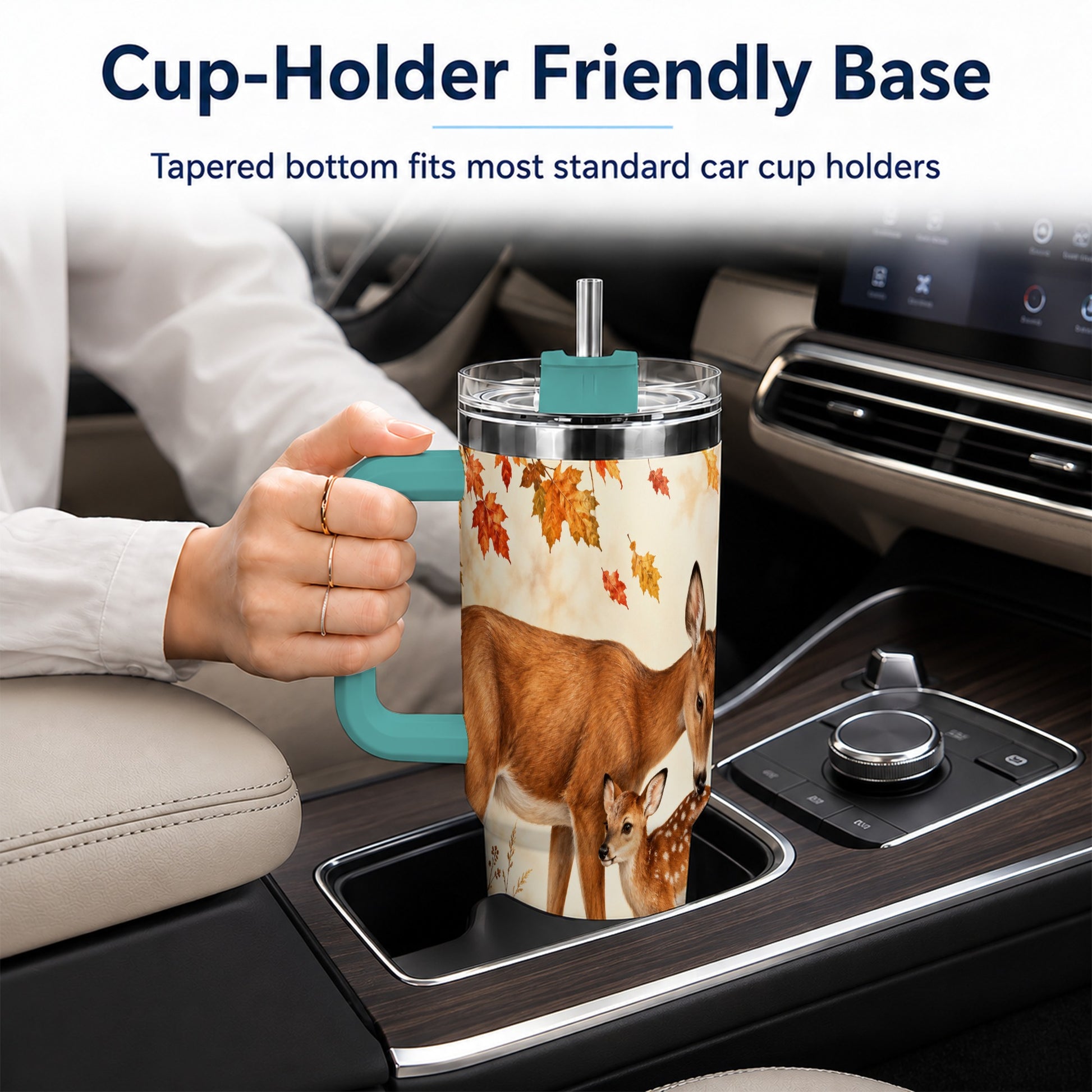 #pl[40oz|Green] Autumn Deer 40oz Tumbler with Handle, Doe Fawn Woodland Travel Cup