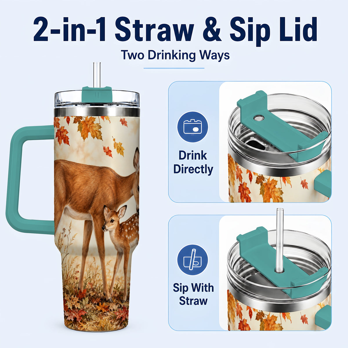 #pl[40oz|Green] Autumn Deer 40oz Tumbler with Handle, Doe Fawn Woodland Travel Cup
