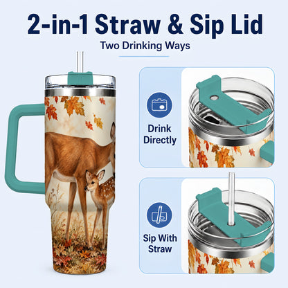 #pl[40oz|Green] Autumn Deer 40oz Tumbler with Handle, Doe Fawn Woodland Travel Cup