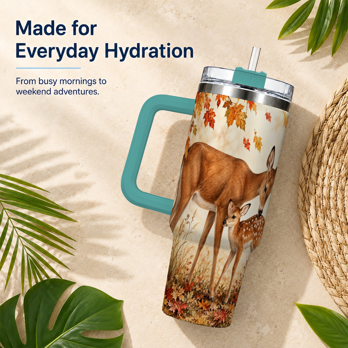 #pl[40oz|Green] Autumn Deer 40oz Tumbler with Handle, Doe Fawn Woodland Travel Cup