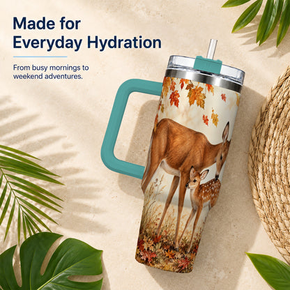 #pl[40oz|Green] Autumn Deer 40oz Tumbler with Handle, Doe Fawn Woodland Travel Cup