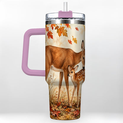 #pl[40oz|Pink] Autumn Deer 40oz Tumbler with Handle, Doe Fawn Woodland Travel Cup