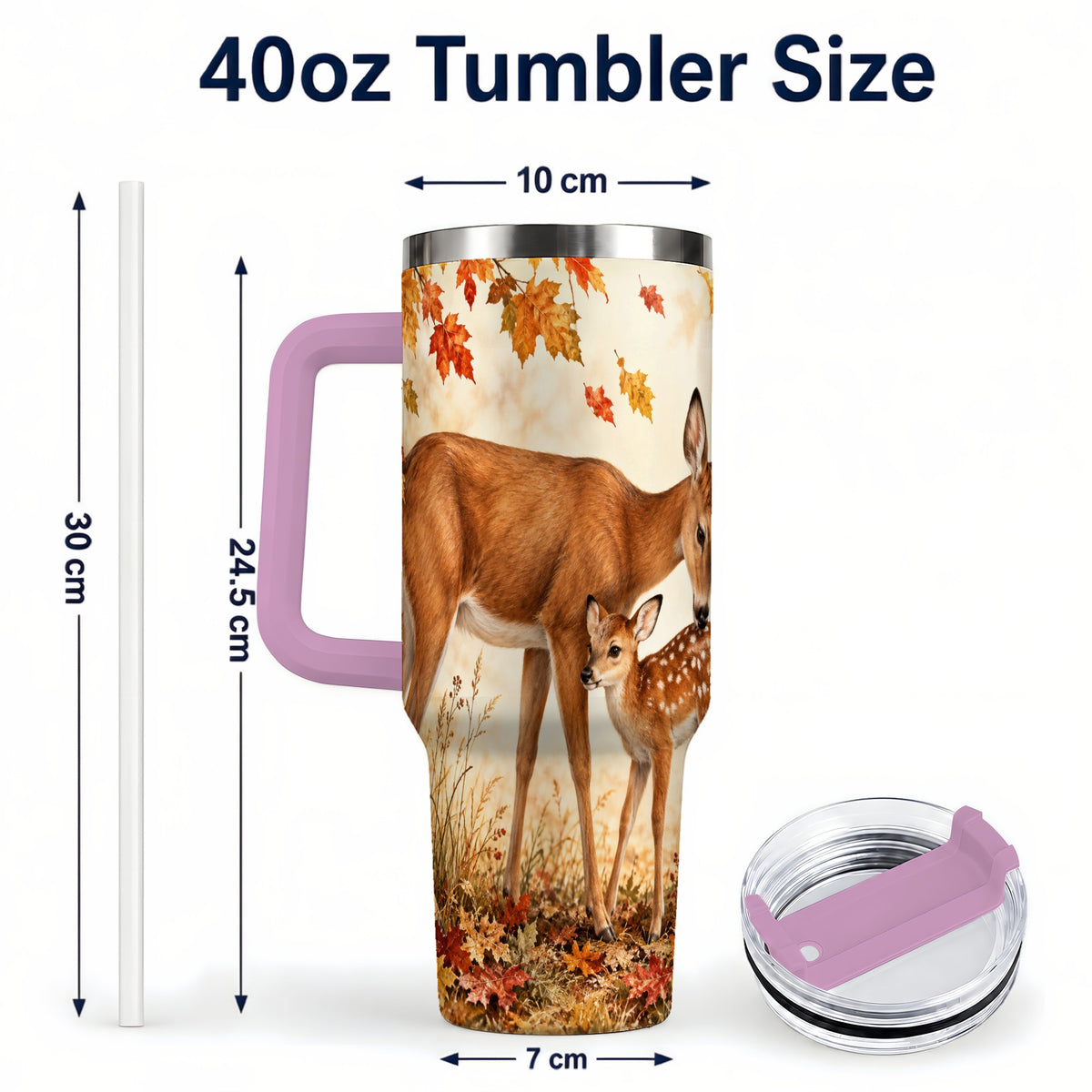 #pl[40oz|Pink] Autumn Deer 40oz Tumbler with Handle, Doe Fawn Woodland Travel Cup
