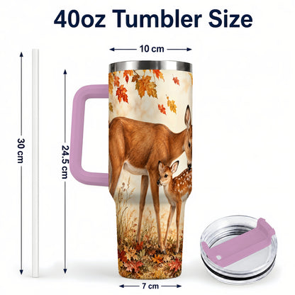 #pl[40oz|Pink] Autumn Deer 40oz Tumbler with Handle, Doe Fawn Woodland Travel Cup