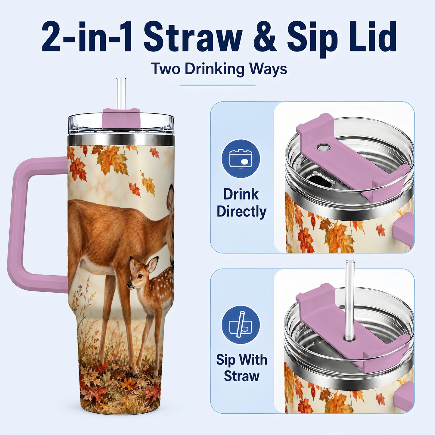 #pl[40oz|Pink] Autumn Deer 40oz Tumbler with Handle, Doe Fawn Woodland Travel Cup