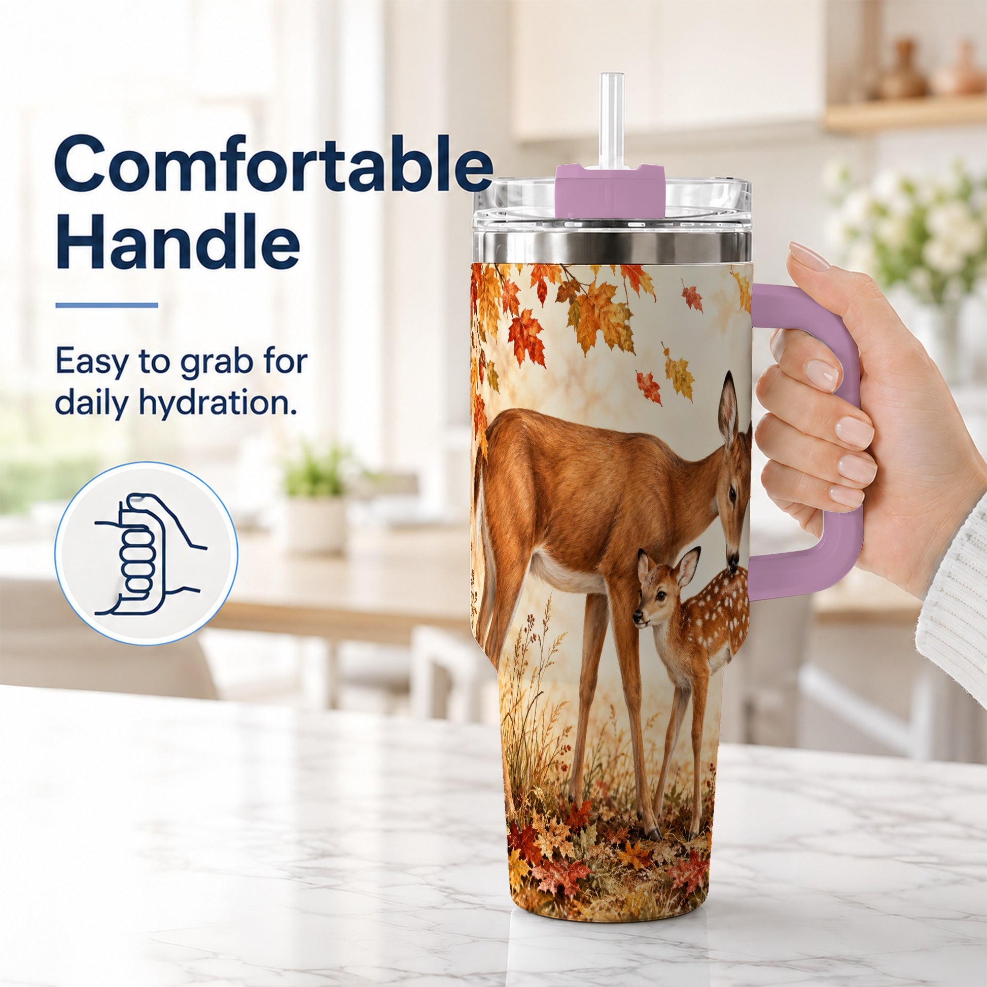 #pl[40oz|Pink] Autumn Deer 40oz Tumbler with Handle, Doe Fawn Woodland Travel Cup