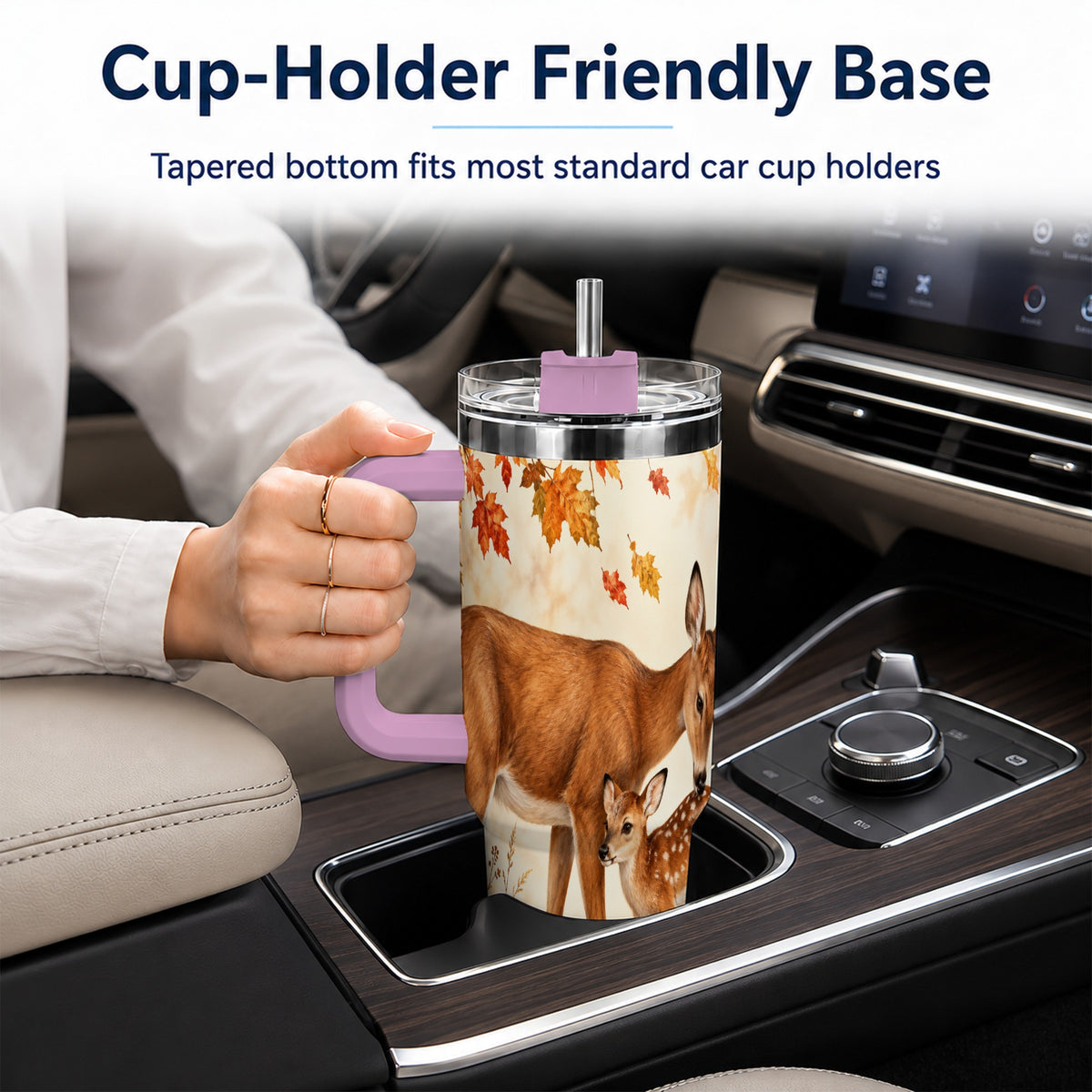 #pl[40oz|Pink] Autumn Deer 40oz Tumbler with Handle, Doe Fawn Woodland Travel Cup