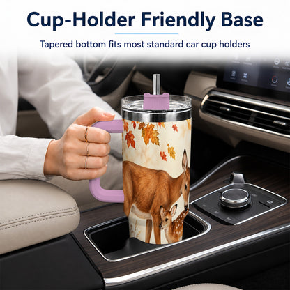 #pl[40oz|Pink] Autumn Deer 40oz Tumbler with Handle, Doe Fawn Woodland Travel Cup