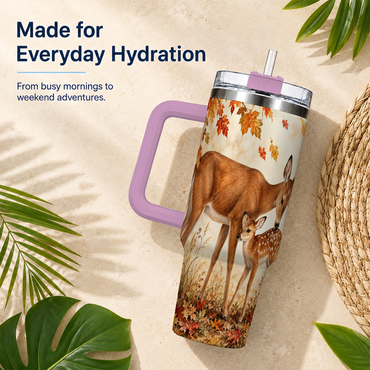 #pl[40oz|Pink] Autumn Deer 40oz Tumbler with Handle, Doe Fawn Woodland Travel Cup