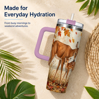 #pl[40oz|Pink] Autumn Deer 40oz Tumbler with Handle, Doe Fawn Woodland Travel Cup