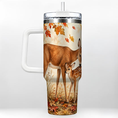 Autumn Deer 40oz Tumbler with Handle, Doe Fawn Woodland Travel Cup
