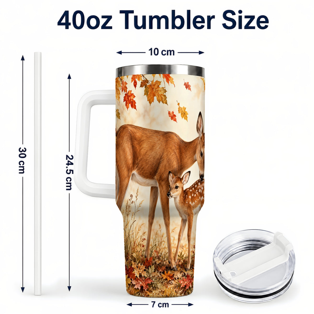 #pl[40oz|White] Autumn Deer 40oz Tumbler with Handle, Doe Fawn Woodland Travel Cup