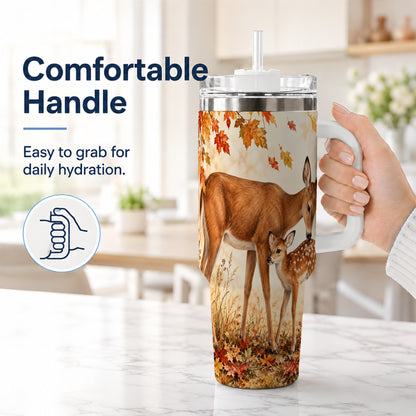 #pl[40oz|White] Autumn Deer 40oz Tumbler with Handle, Doe Fawn Woodland Travel Cup