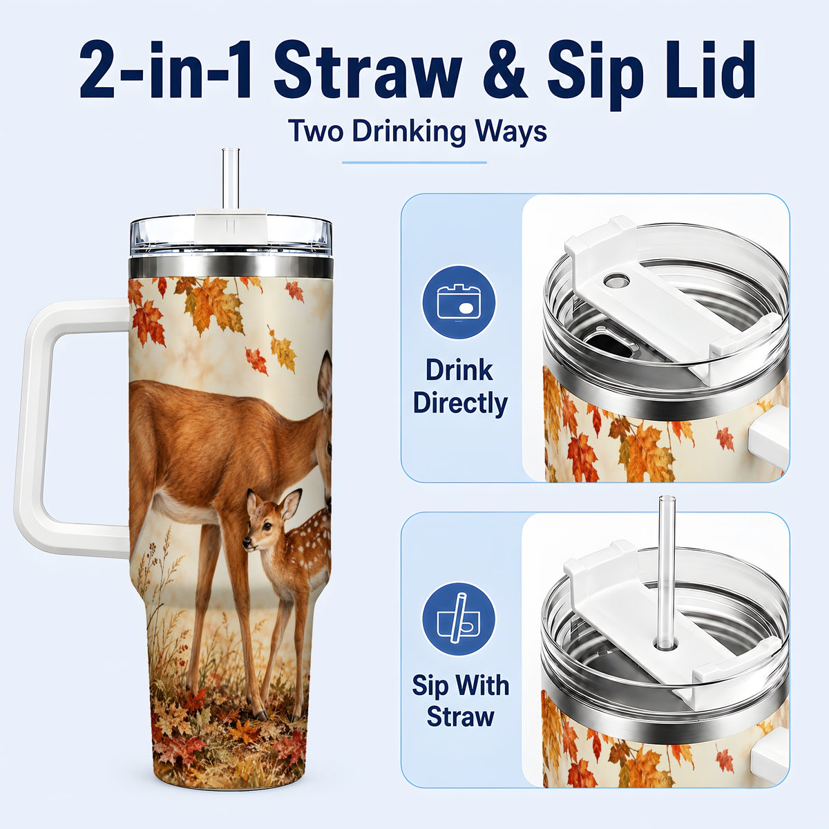 #pl[40oz|White] Autumn Deer 40oz Tumbler with Handle, Doe Fawn Woodland Travel Cup