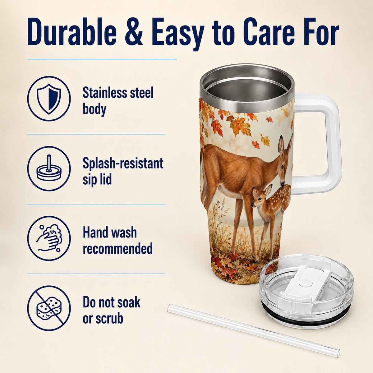 #pl[40oz|White] Autumn Deer 40oz Tumbler with Handle, Doe Fawn Woodland Travel Cup