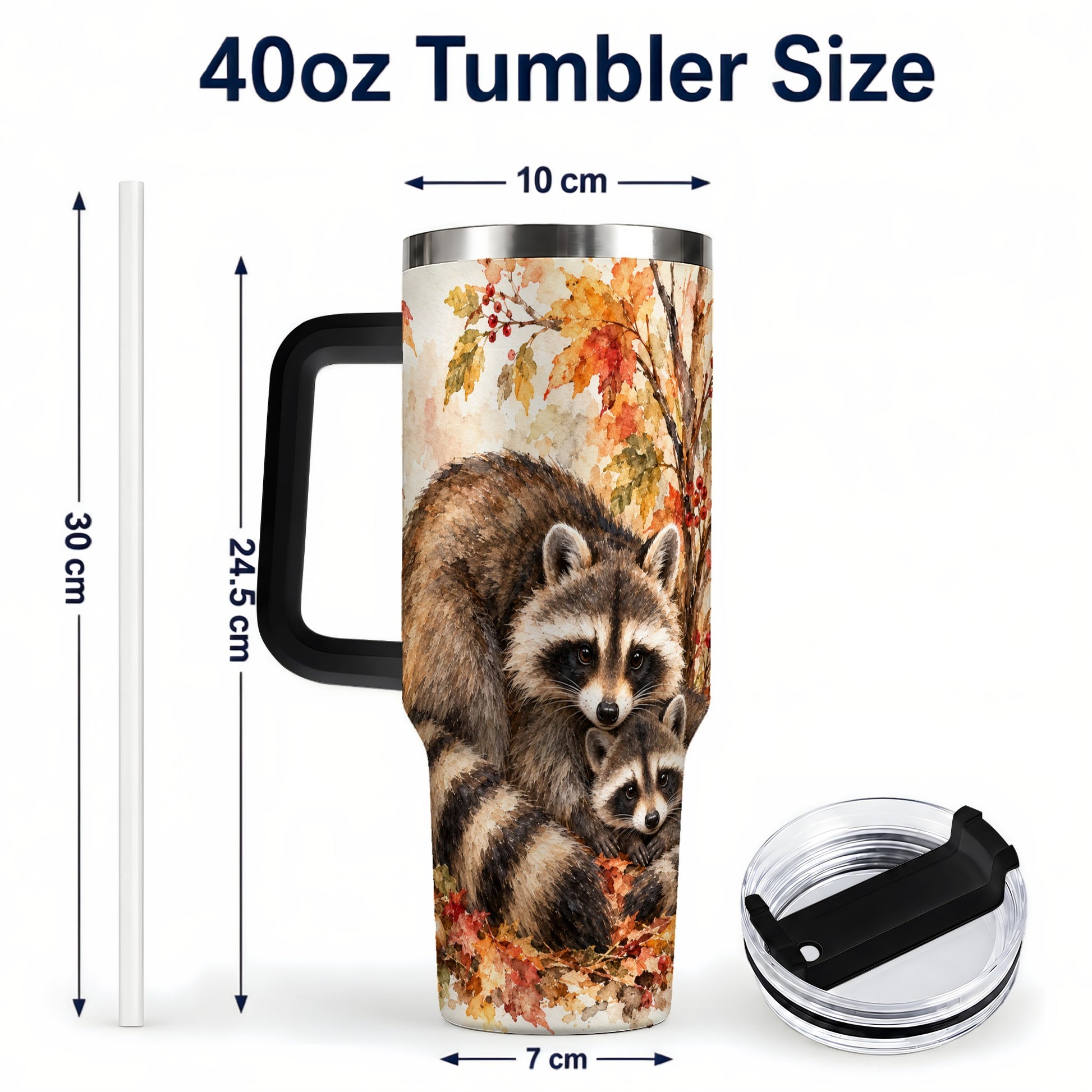 #pl[40oz|Black] Watercolor Raccoon 40oz Tumbler with Handle, Family Woodland Travel Cup