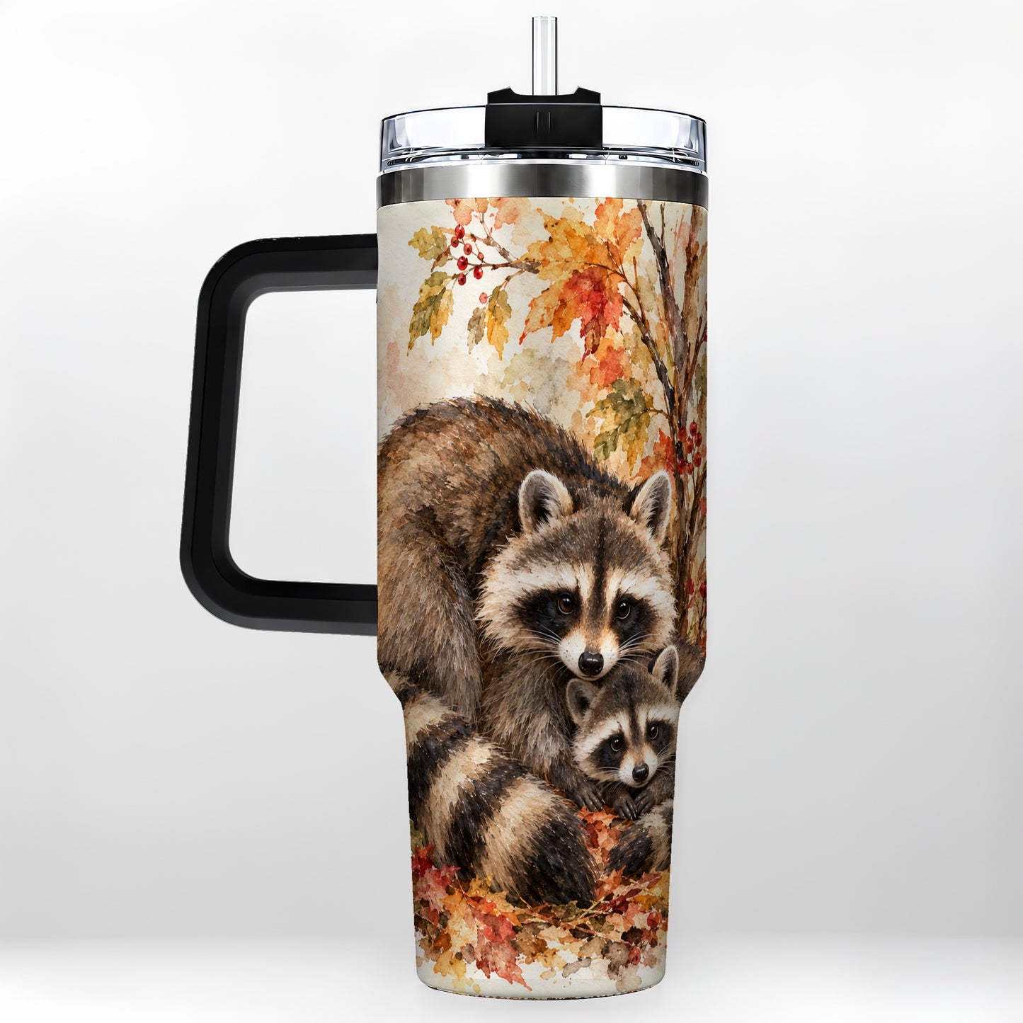 #pl[40oz|Black] Watercolor Raccoon 40oz Tumbler with Handle, Family Woodland Travel Cup