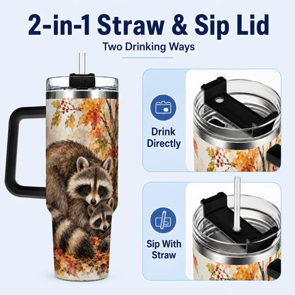 #pl[40oz|Black] Watercolor Raccoon 40oz Tumbler with Handle, Family Woodland Travel Cup