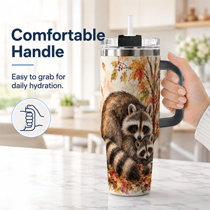 #pl[40oz|Black] Watercolor Raccoon 40oz Tumbler with Handle, Family Woodland Travel Cup