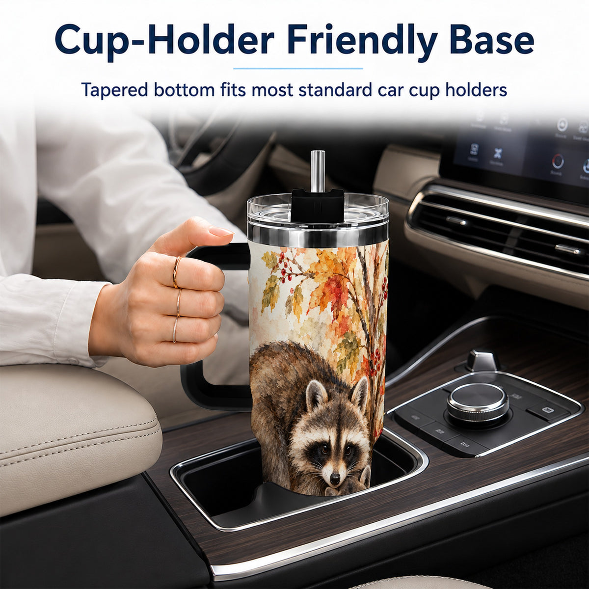 #pl[40oz|Black] Watercolor Raccoon 40oz Tumbler with Handle, Family Woodland Travel Cup