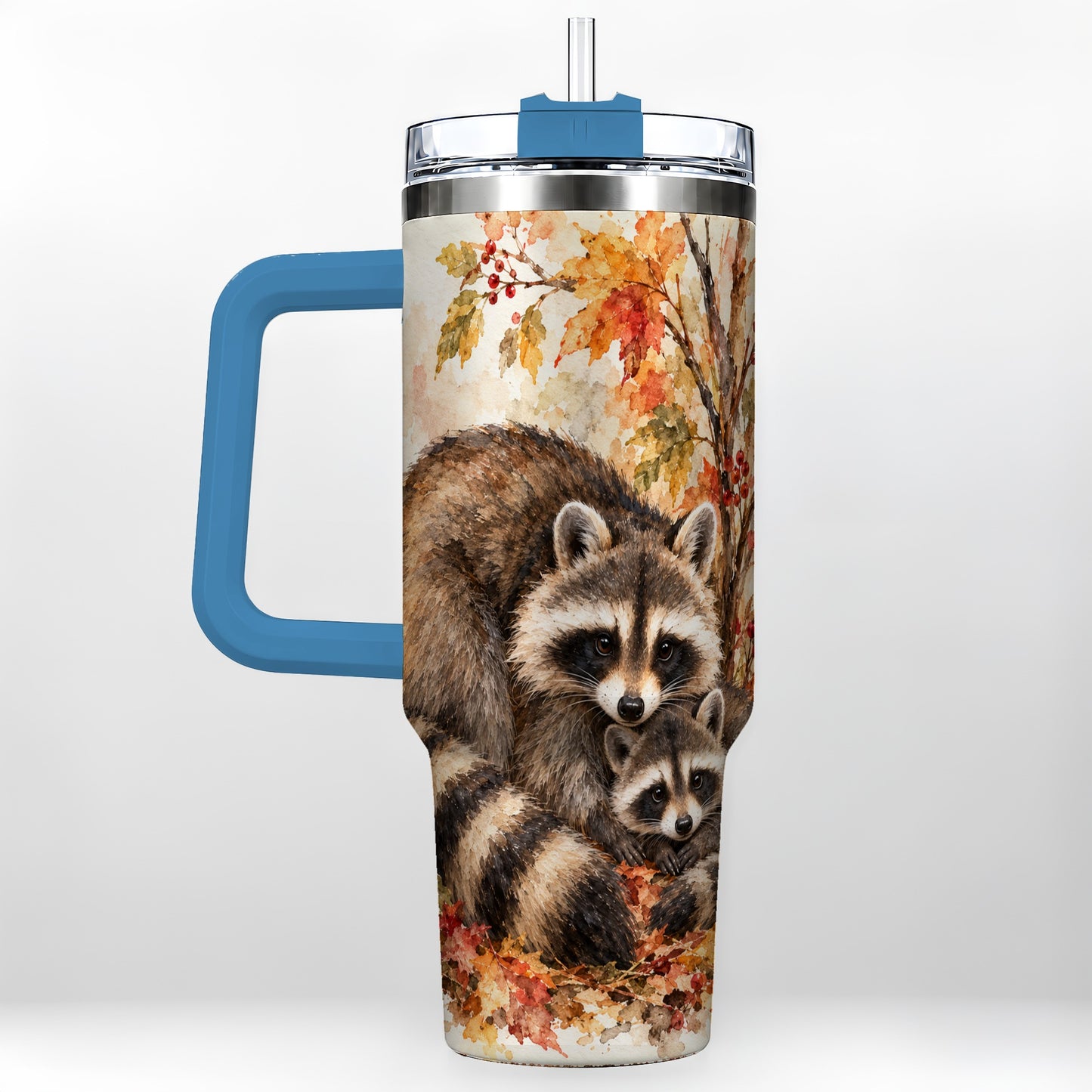 #pl[40oz|Blue] Watercolor Raccoon 40oz Tumbler with Handle, Family Woodland Travel Cup