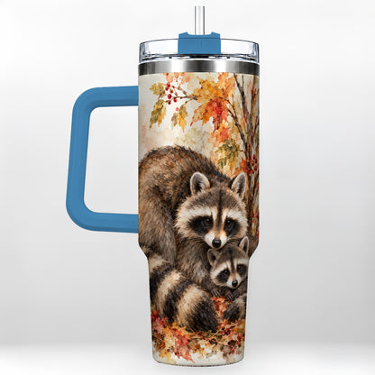 #pl[40oz|Blue] Watercolor Raccoon 40oz Tumbler with Handle, Family Woodland Travel Cup