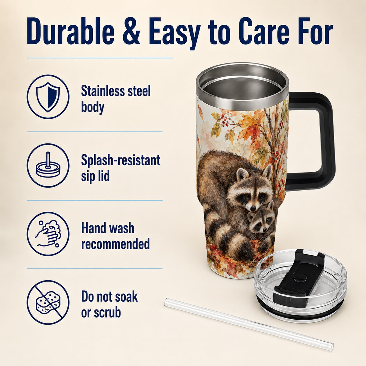 #pl[40oz|Black] Watercolor Raccoon 40oz Tumbler with Handle, Family Woodland Travel Cup