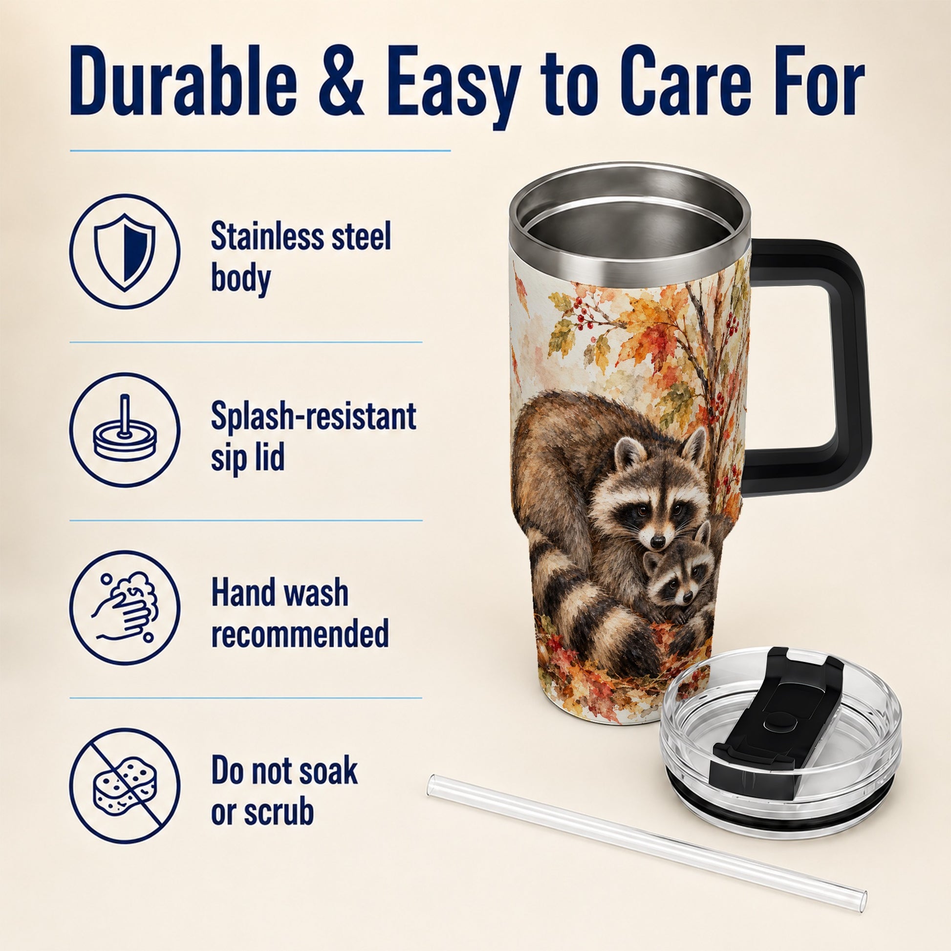 #pl[40oz|Black] Watercolor Raccoon 40oz Tumbler with Handle, Family Woodland Travel Cup