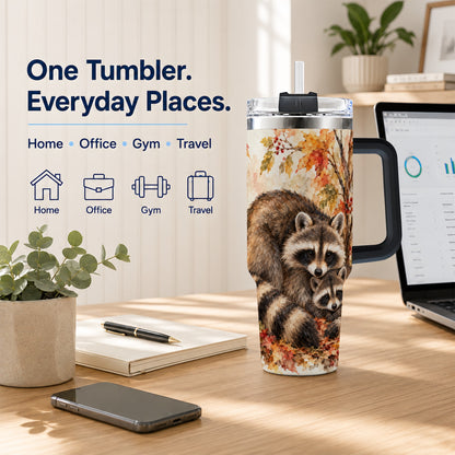 #pl[40oz|Black] Watercolor Raccoon 40oz Tumbler with Handle, Family Woodland Travel Cup
