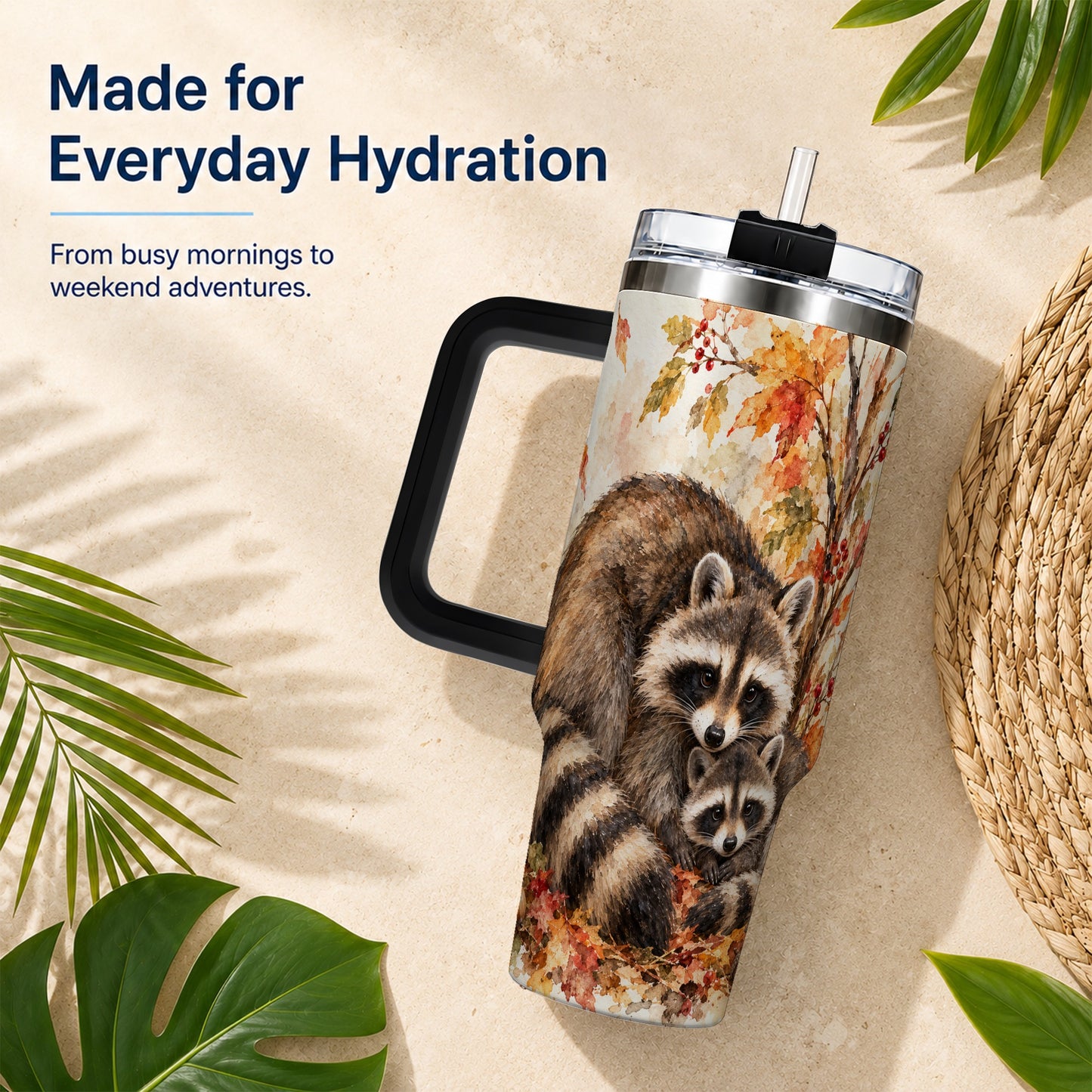 #pl[40oz|Black] Watercolor Raccoon 40oz Tumbler with Handle, Family Woodland Travel Cup