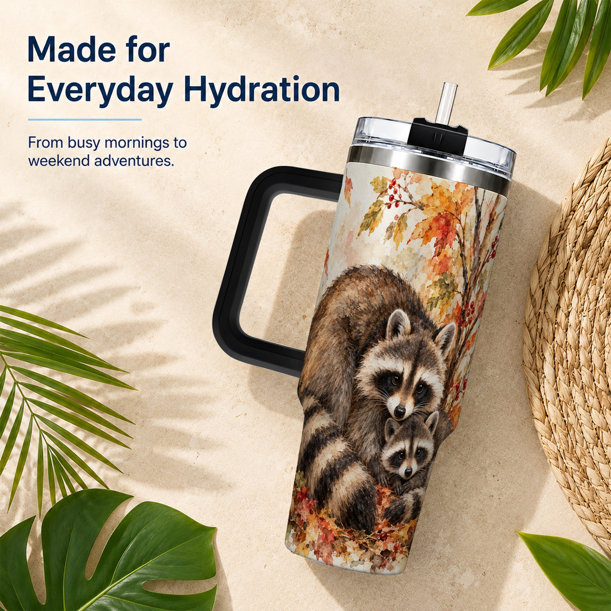 #pl[40oz|Black] Watercolor Raccoon 40oz Tumbler with Handle, Family Woodland Travel Cup
