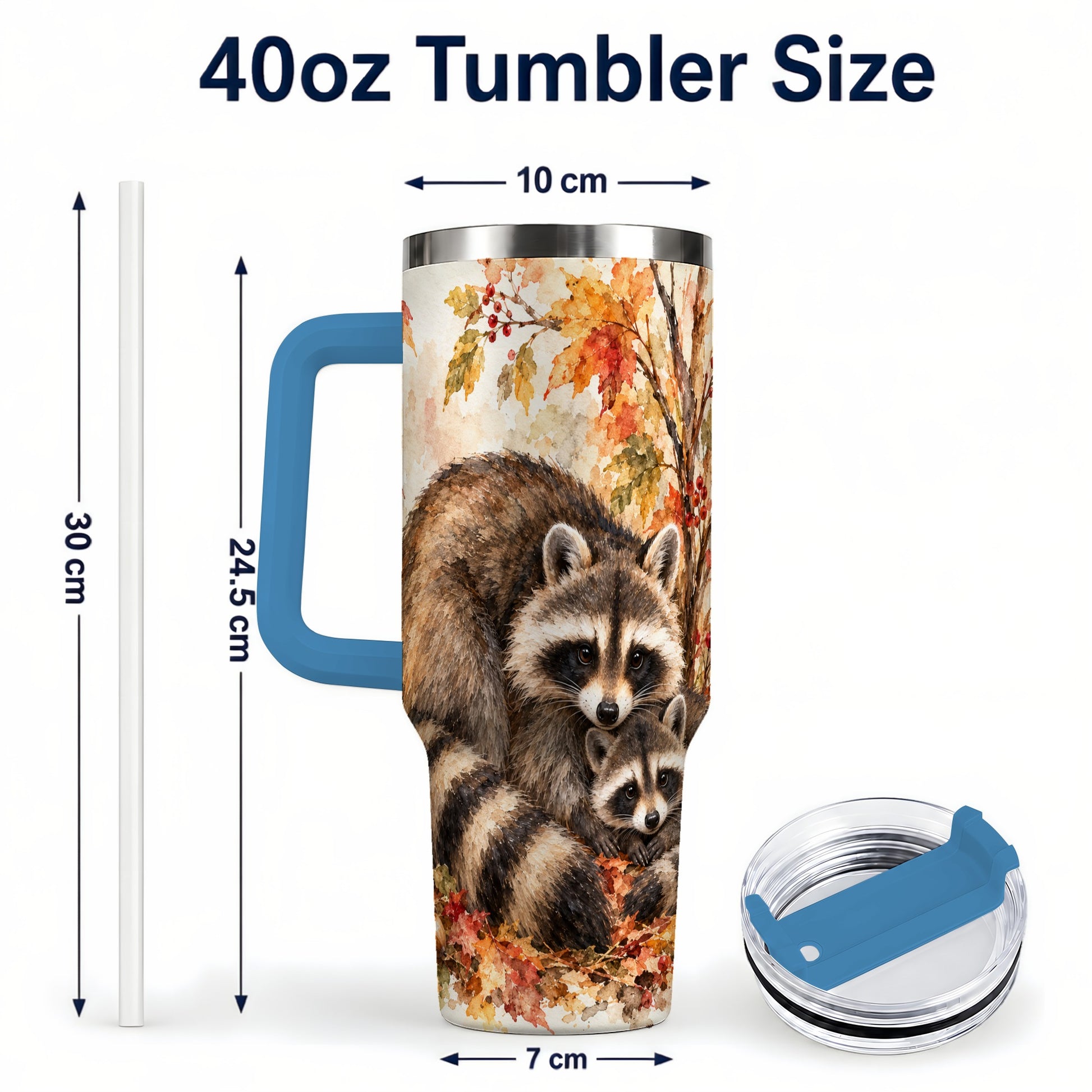 #pl[40oz|Blue] Watercolor Raccoon 40oz Tumbler with Handle, Family Woodland Travel Cup