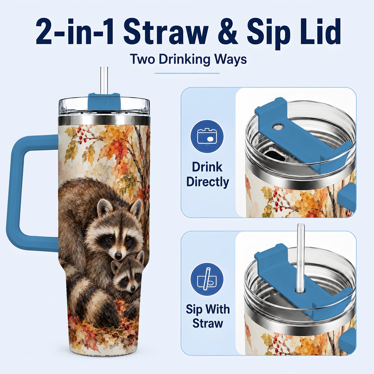 #pl[40oz|Blue] Watercolor Raccoon 40oz Tumbler with Handle, Family Woodland Travel Cup