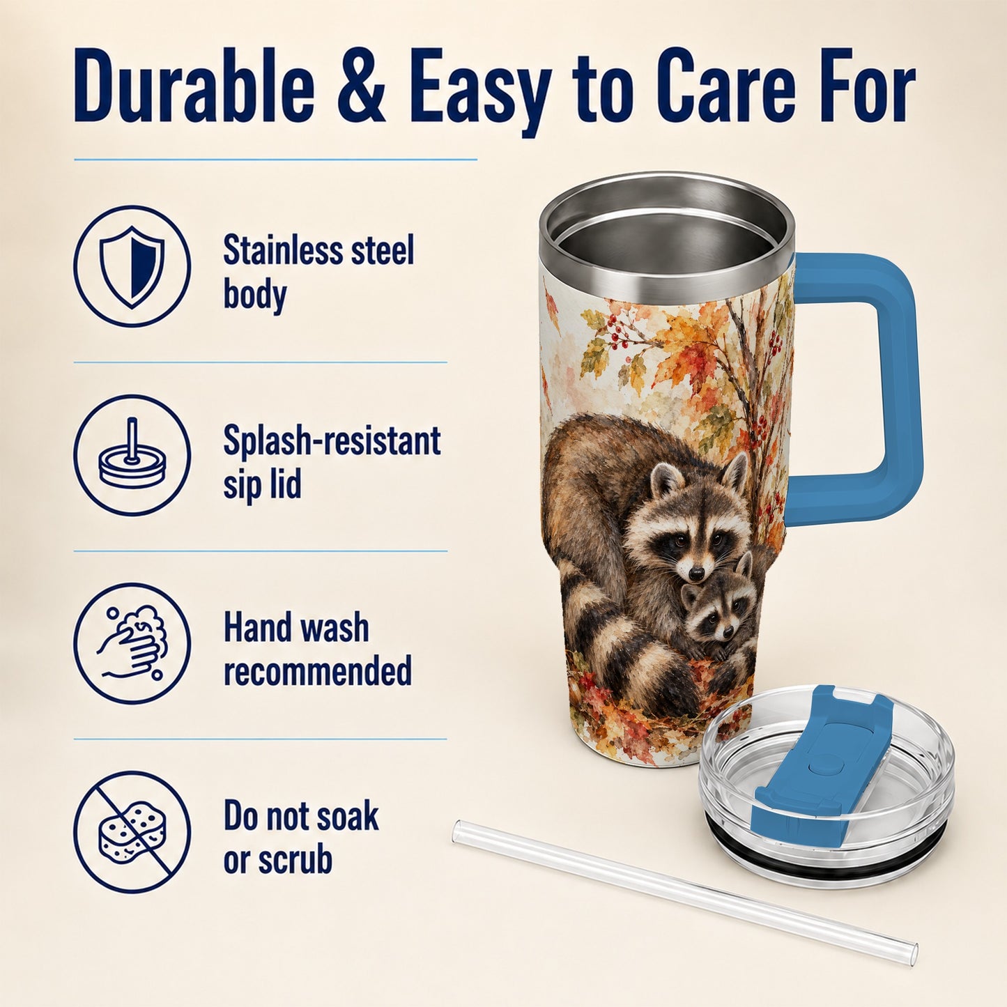 #pl[40oz|Blue] Watercolor Raccoon 40oz Tumbler with Handle, Family Woodland Travel Cup
