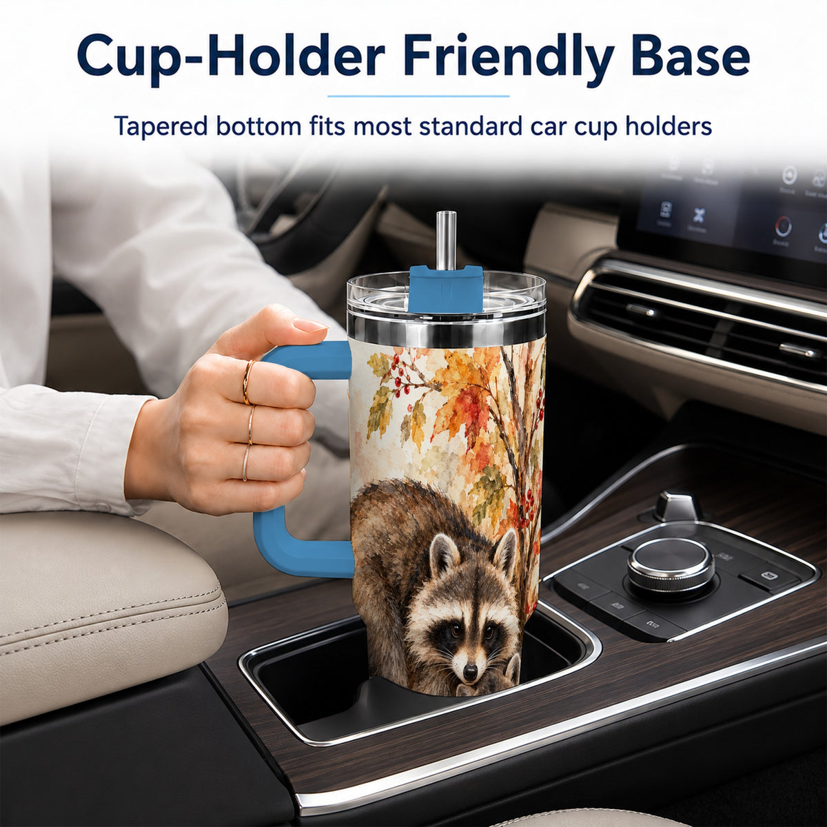 #pl[40oz|Blue] Watercolor Raccoon 40oz Tumbler with Handle, Family Woodland Travel Cup