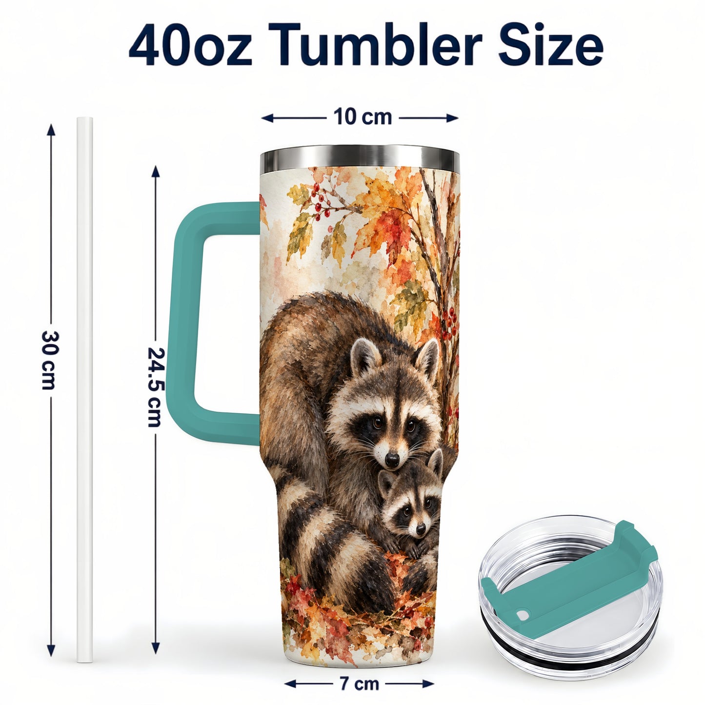 #pl[40oz|Green] Watercolor Raccoon 40oz Tumbler with Handle, Family Woodland Travel Cup