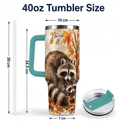 #pl[40oz|Green] Watercolor Raccoon 40oz Tumbler with Handle, Family Woodland Travel Cup