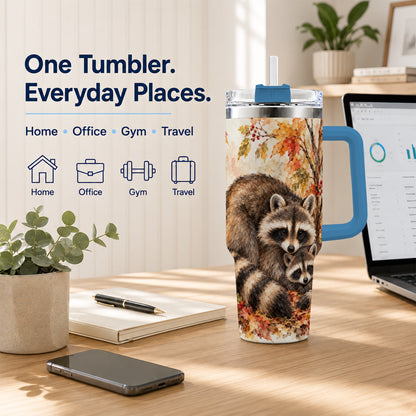 #pl[40oz|Blue] Watercolor Raccoon 40oz Tumbler with Handle, Family Woodland Travel Cup