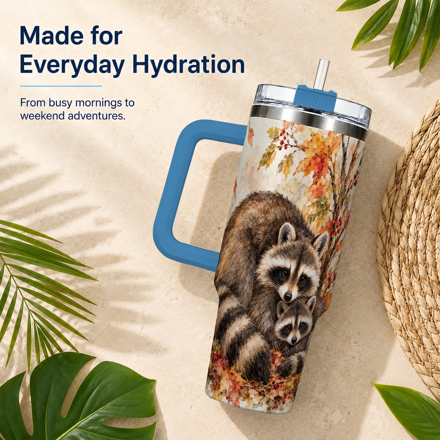 #pl[40oz|Blue] Watercolor Raccoon 40oz Tumbler with Handle, Family Woodland Travel Cup