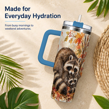 #pl[40oz|Blue] Watercolor Raccoon 40oz Tumbler with Handle, Family Woodland Travel Cup