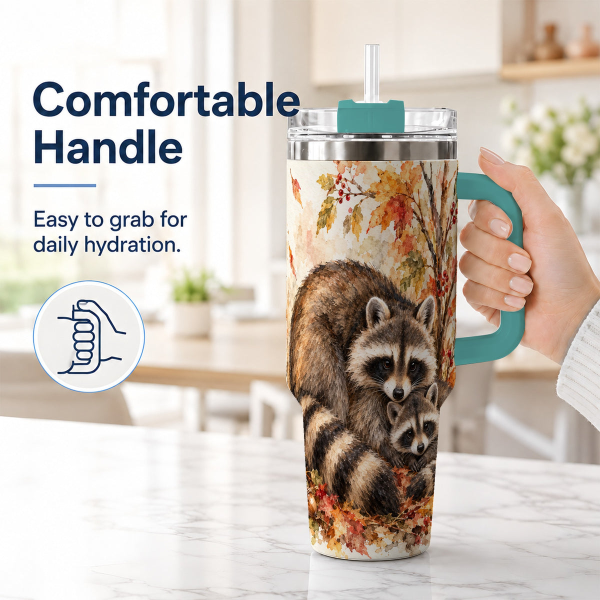 #pl[40oz|Green] Watercolor Raccoon 40oz Tumbler with Handle, Family Woodland Travel Cup